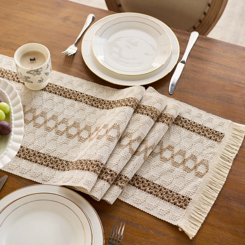 Bluejw Two-Color Woven Tassels Wedding Table Runners Embroidered Cotton Linen Cover for Dining Table - Image 5